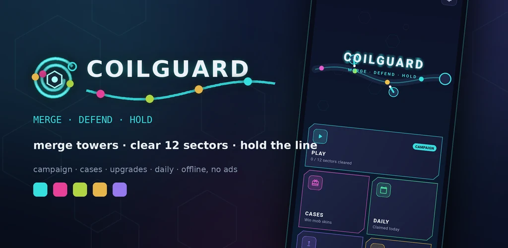 Coilguard — merge towers, clear 12 sectors, hold the line
